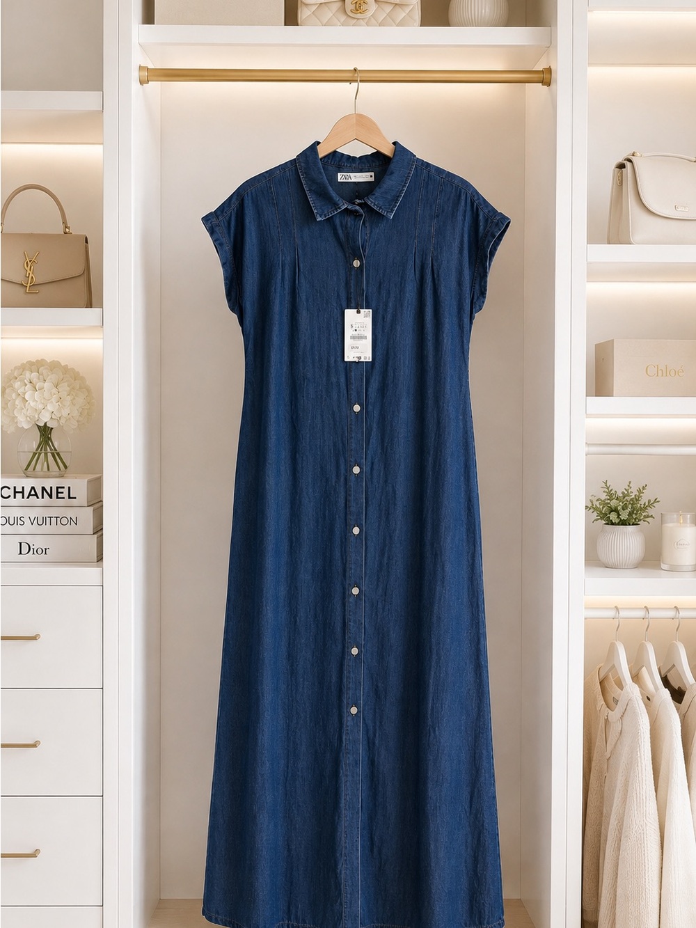 Zara Dark Blue Denim Button-Front Maxi Dress